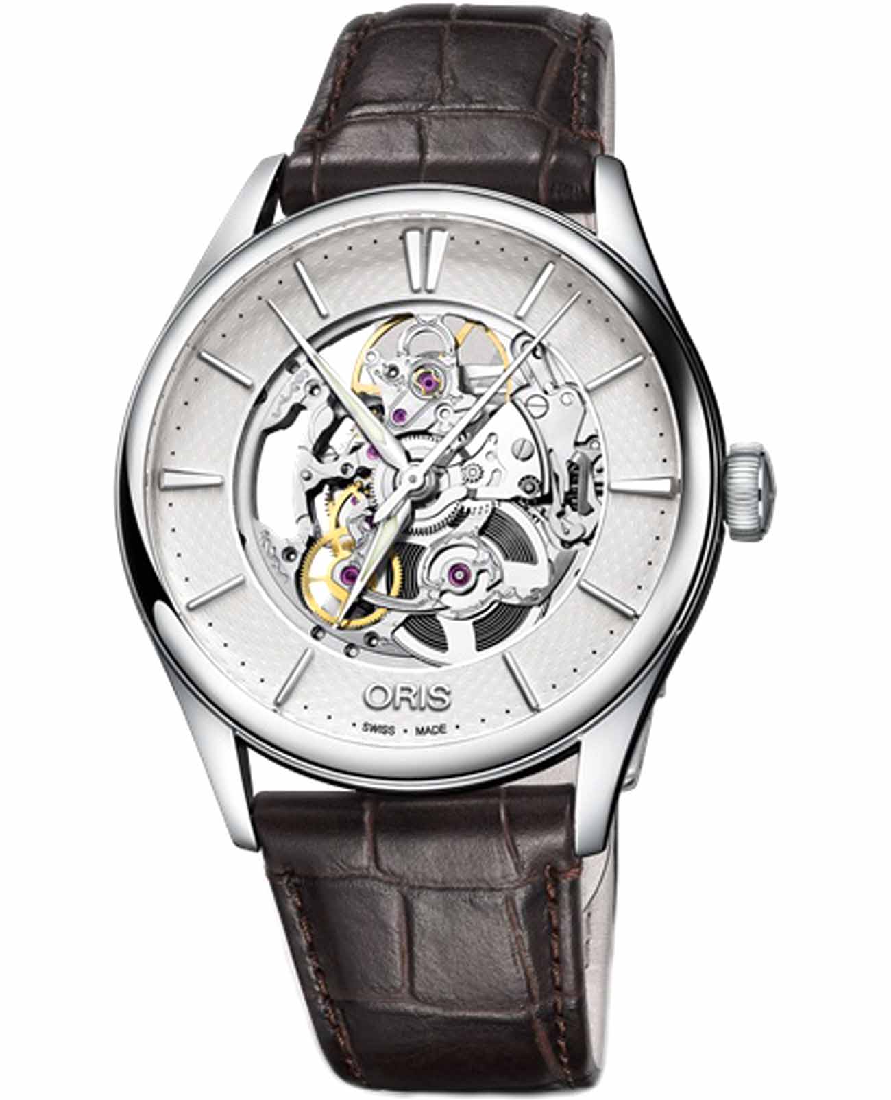 Oris Oris Artelier 01 734 7721 4051-07 5 21 65FC  01 734 7721 4051-07 5 21 65FC механические мужские часы серебристый циферблат, браслет кожаный — вид спереди